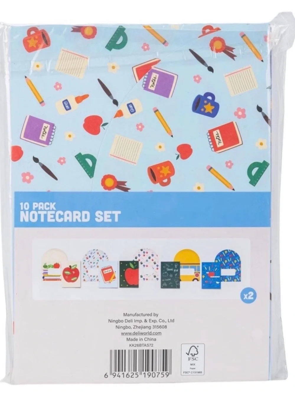 10 Pack Teacher Thank You Folded Notecards, School Theme, Multicolor, Envelopes